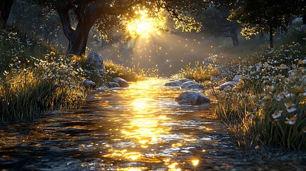 Stream Flowing Through Forest with Sunlight Reflection