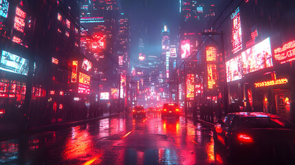 Rainy Night in a Cyberpunk City: Digital Art of Neon-lit Streets and Vehicles Reflecting in Puddles