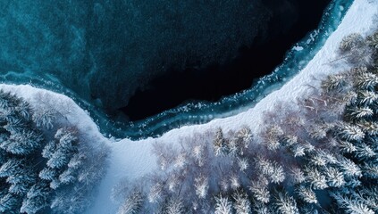 High-angle view of frozen lake, snow-covered forest
