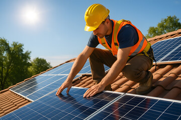 Solar panel installation worker installing panels on roof for energy use