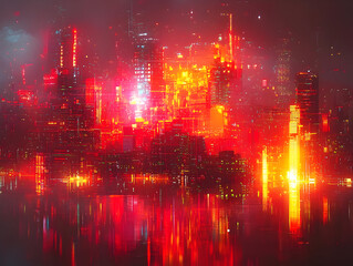 Fototapeta premium Futuristic Cityscape: Red and Orange Neon Lights Reflect on Water at Night