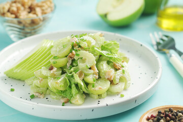 A plate with Waldorf salad, traditional American	