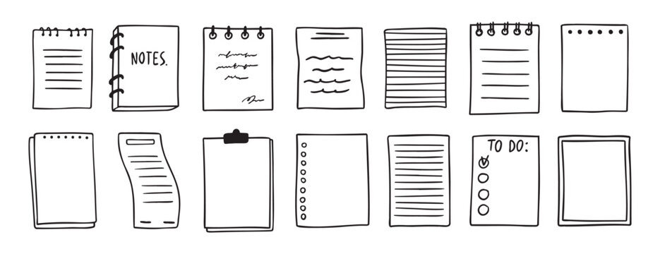 sheets various notebooks doodle hand drawn outline set. paper with stripes or dots, blank collection. Notebooks reminder, memory sketch pages. notes sheet