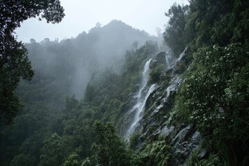 Lush, misty mountain waterfall cascading down a rocky face, surrounded by dense green forest