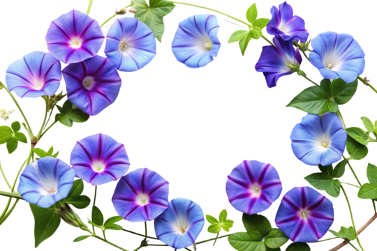 Oval Wreath of Blue and Purple Morning Glories-Beautiful floral wreath made of blue and purple morning glory flowers with green leaves and vines, isolated on a transparent background.
