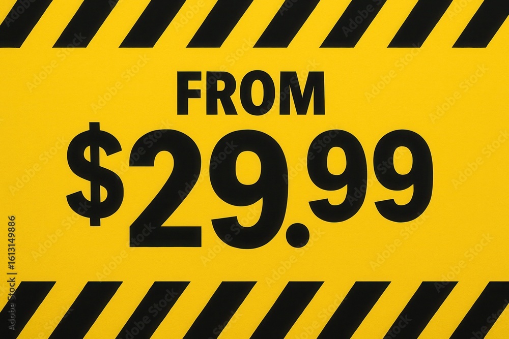 Poster promotional sign with bold black text on a yellow background displaying a price starting at $29.99, 