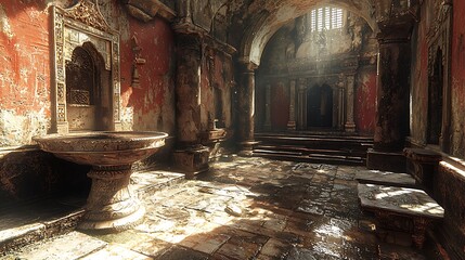 Interior of Old Stone Temple with Light Streaming in