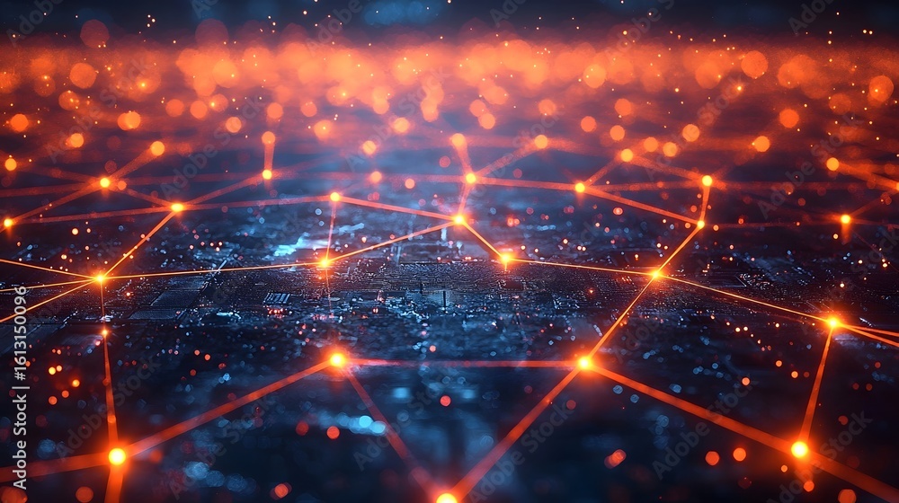 Poster interconnected network of factories and supply chains illuminated by glowing lines