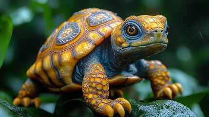Turtle Standing on Leaf in Natural Setting