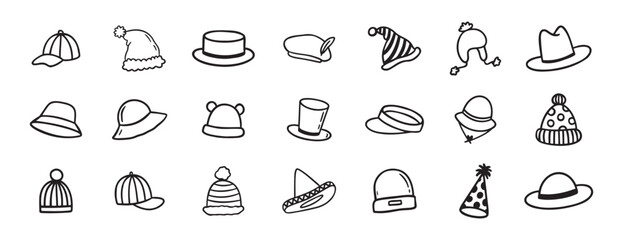 hat doodle hand drawn icon set. Outline drawing hats line clipart symbol collection
