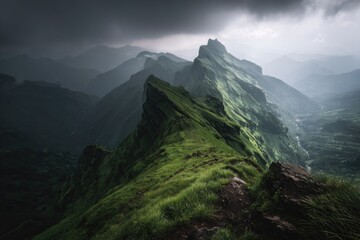 Lush green mountain ridge under dramatic sky