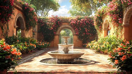 Fountain in Spanish Garden with Flowers and Arches
