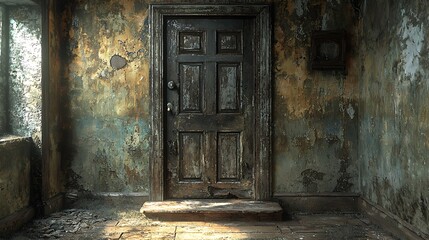 Old Doorway with Weathered Walls and Wooden Floor
