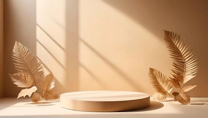 Minimalist Beige Podium with Golden Tropical Leaves and Sunlight Shadows