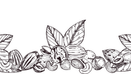Seamless Vector Border of Nuts, Walnut, Cashew, Pecan, Hazelnut, Macadamia, Tree Leaves. All objects are hand-drawn with ink. For printing on food packaging, towel design. Vector illustration
