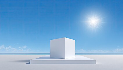 White cube pedestal on beach, bright sun