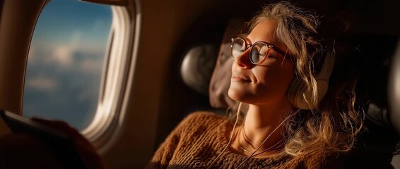 A calm woman using a tablet and smiling while listening to music on an aeroplane - Powered by Adobe