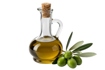 Glass bottle of olive oil with olives cork green olives