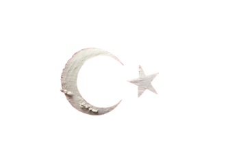 Silver crescent moon and star emblem against a stark black background