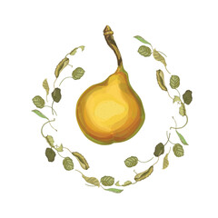 An illustration of a rustic pear tree framed by a delicate round wreath of autumn leaves and branches. Perfect for fall prints, packaging, greeting cards, labels and rustic designs.