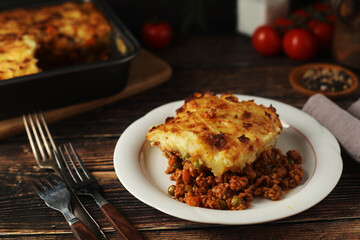 A shepherd's pie, freshly backed and ready to be served. Traditional English dish