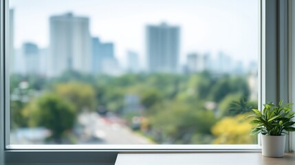 Urban serenity indoor plant by window with cityscape view tranquil environment modern design lifestyle focus