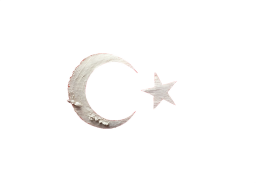 Silver crescent moon and star emblem against a stark black background