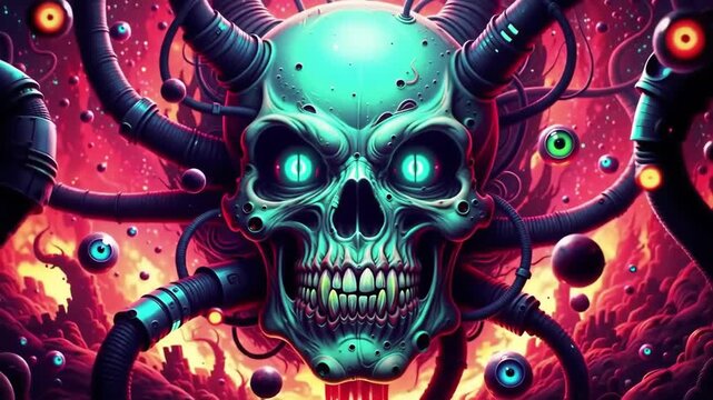 Psychedelic skull horror melting into swirling, neon biomechanical chaos, animated with pulsing lights and shifting movements