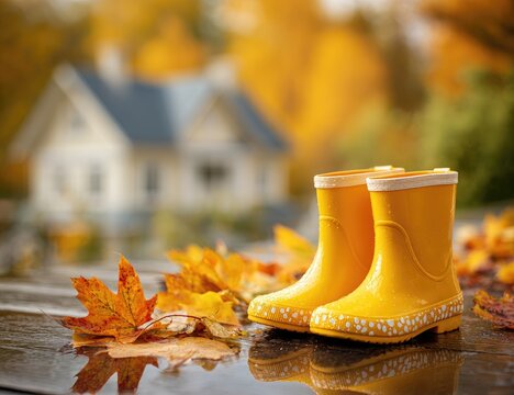Yellow rain boots on a wet wooden surface surrounded by autumn leaves, with a blurred background of a small house