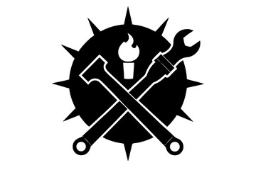 Fototapeta premium Hammer wrench and torch crossed inside spiked circle silhouette vector illustration