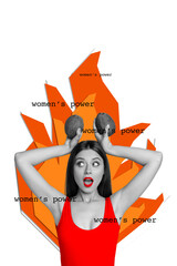 Charming young lady collage of women power support activist bikini girl depilation hold coconuts...