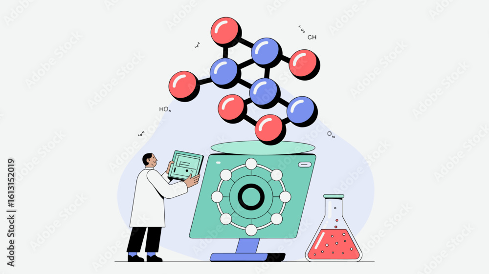 Poster scientist analyzing a complex molecule structure on a computer vector illustration, quantum simulati