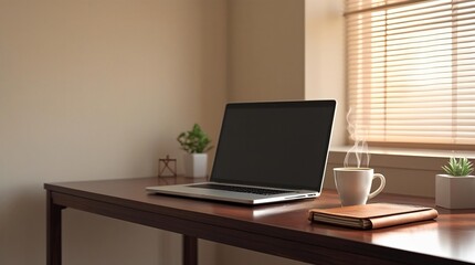 Obraz premium High-Resolution Photograph of Modern Office Workspace with Laptop, Coffee, and Notebook