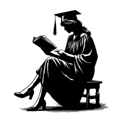 Graduate woman reading book while sitting on stool in academic gown  