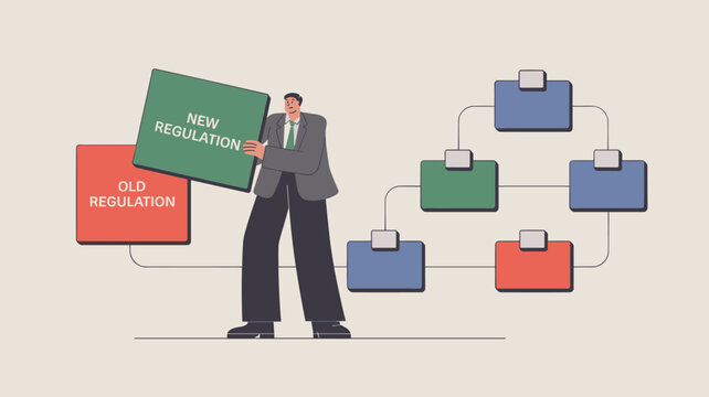 businessman replacing an old regulation block in a flowchart vector illustration, regulatory change management, compliance updates and new policy implementation