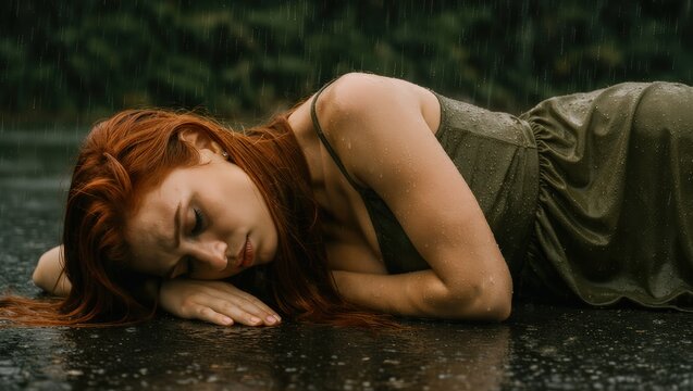 Redheaded Woman Lying on Wet Ground in Rain Wearing Green Dress with Closed Eyes