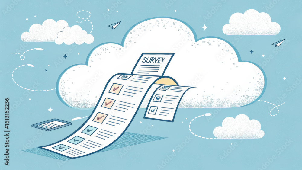 Poster illustration of cloud with survey forms flowing out, symbolizing data collection and feedback. desig