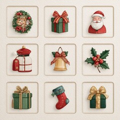 Colorful handmade Christmas decorations featuring Santa, gifts, and festive symbols create a warm holiday atmosphere