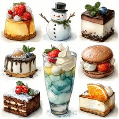 Delicious assortment of festive desserts featuring cakes, fruit treats, and a snowman decoration in a winter celebration setting