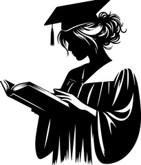 Graduate woman reading a book while wearing a cap and gown  