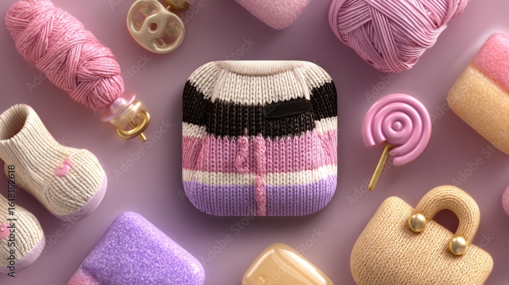 Poster a collection of knitted items and candy are displayed on a table. the knitted items include a sweate