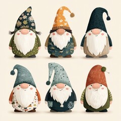 Colorful gnomes wearing patterned hats gather in a whimsical display during a festive celebration
