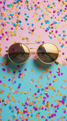 Flatlay Gold Round Sunglasses with Colorful confetti on two tone background.
