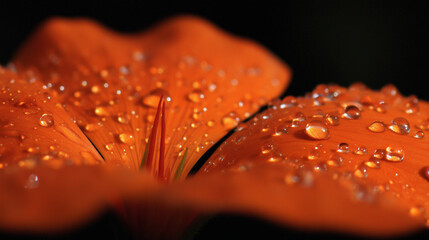 Close-up of an orange flower petal with a water droplet, emphasizing delicate textures and reflections.
