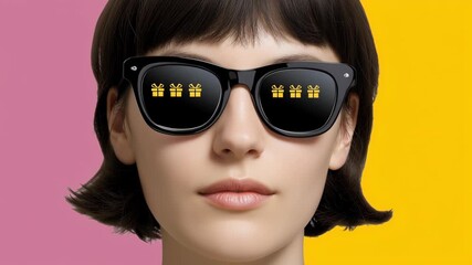 Referral program, Refer friend and earn concept, Fashionable woman with sunglasses reflecting gifts on colorful background.