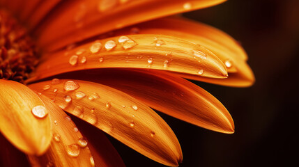 Close-up of an orange flower petal with a water droplet, emphasizing delicate textures and reflections.