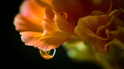 Close-up of an orange flower petal with a water droplet, emphasizing delicate textures and reflections.