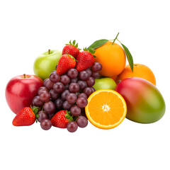 A colorful variety of fruits, different fresh fruits set on a white surface

