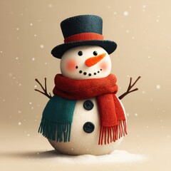Snowman made of snow with a hat and scarf stands cheerfully against a winter background