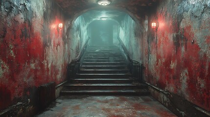 Spooky Stairway Leading to Foggy Tunnel with Old Red Walls